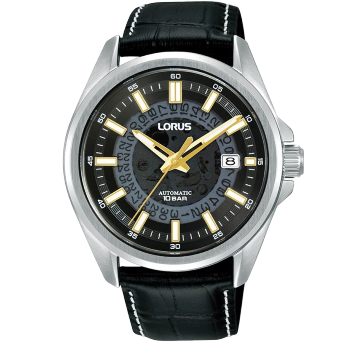 Men's automatic watch with black dial, gold-tone baton markers, date window, leather strap.