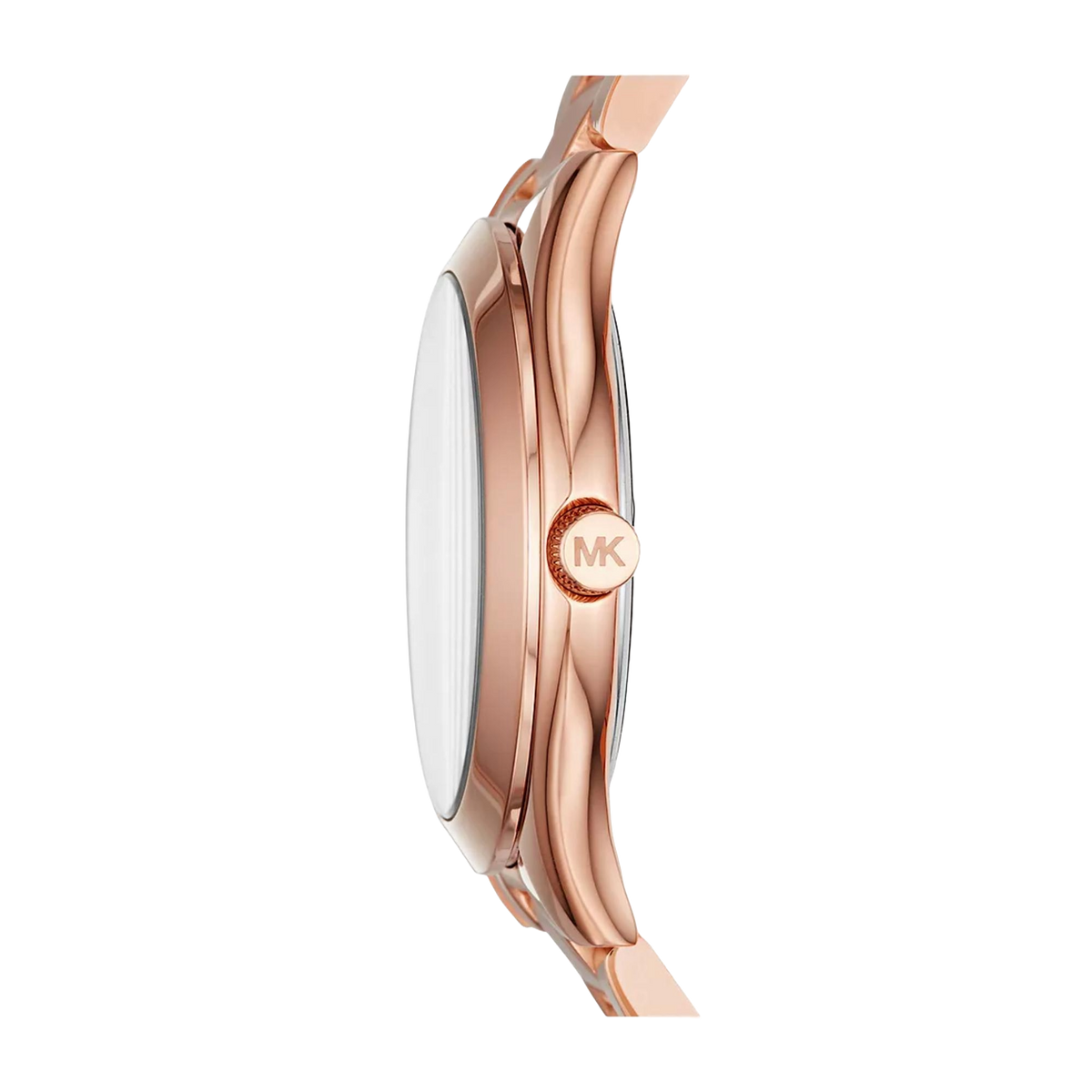 Rose gold-tone stainless steel watch side view with crown detail and polished case