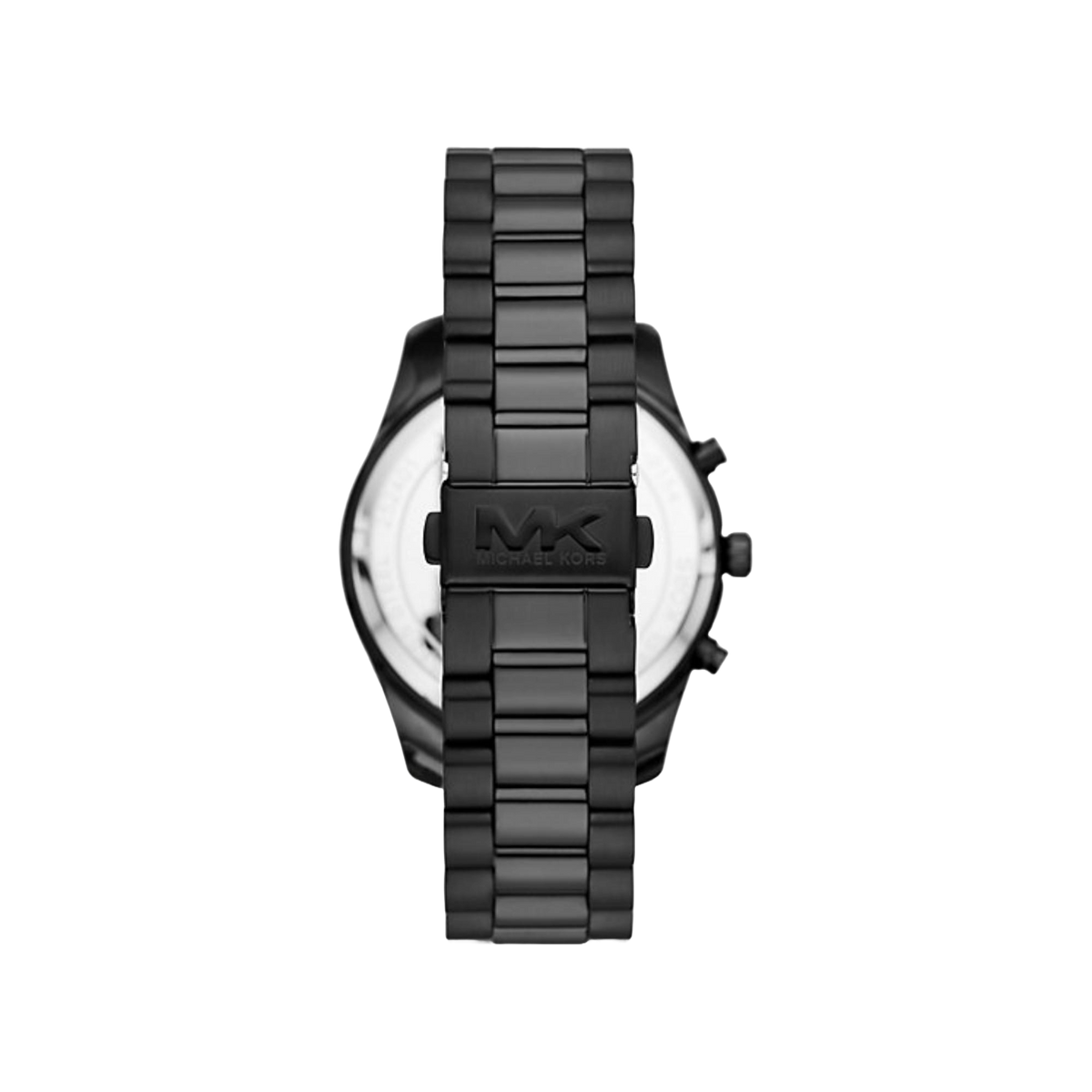 Black stainless watch side view with bracelet links and MK logo on case