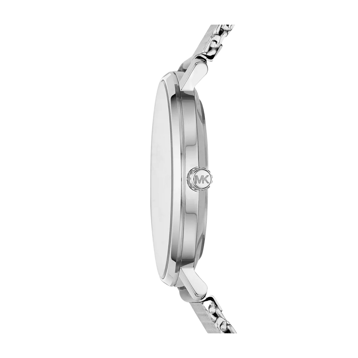 Stainless steel watch case with mesh bracelet and clasp, side profile view