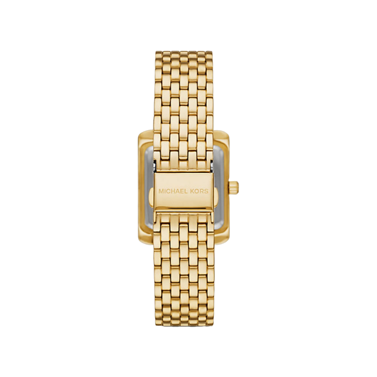 Michael Kors Emery MK4742 rear view showing gold-tone stainless steel bracelet clasp with engraved logo