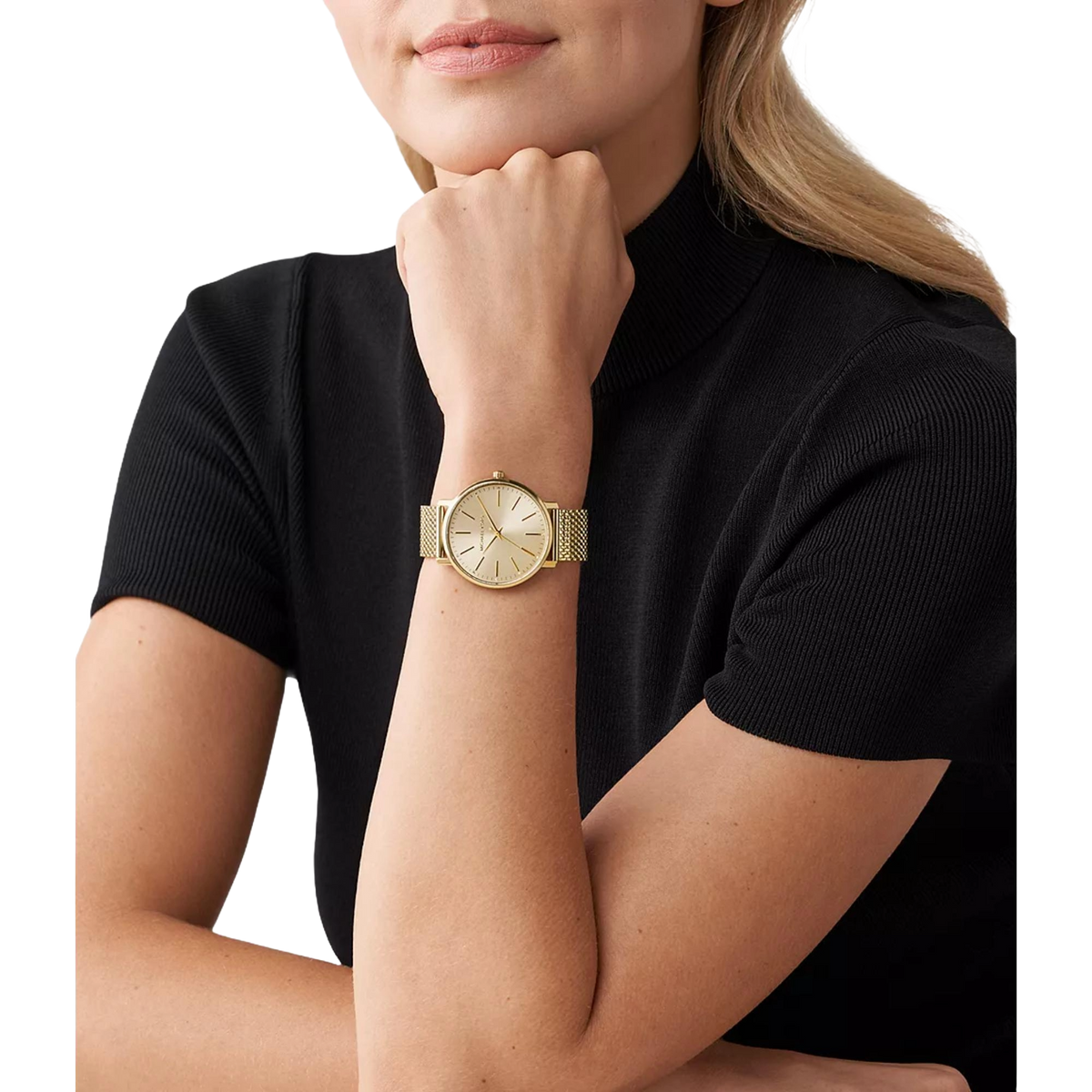 Michael Kors Pyper MK4339 ladies quartz watch model shot view showing the gold-tone mesh timepiece on a wrist