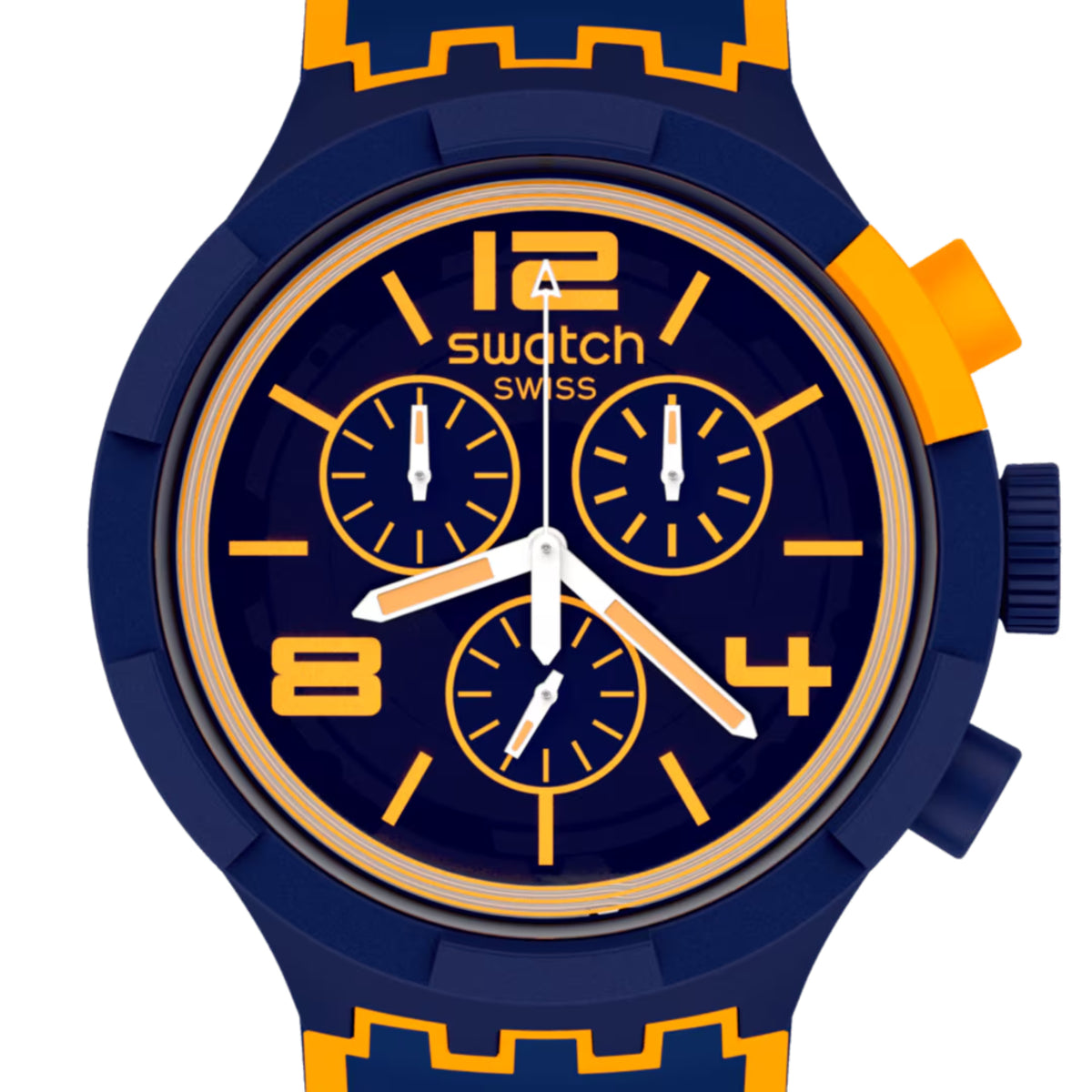 Men's quartz wristwatch close view: blue dial, orange bezel ring, three subdials, white hands