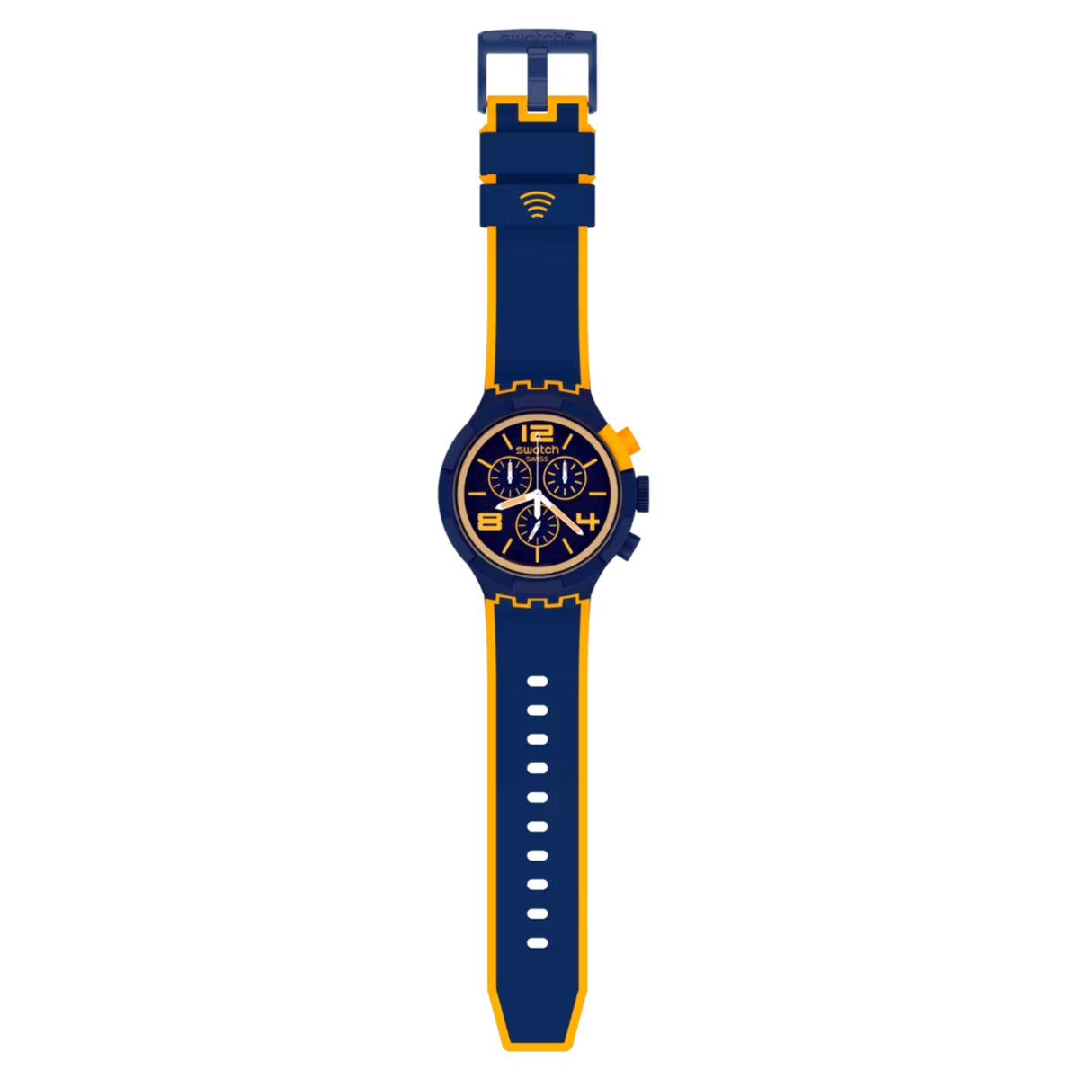 Men's quartz wristwatch front view on straight-on angle, blue dial with subdials, blue-orange strap