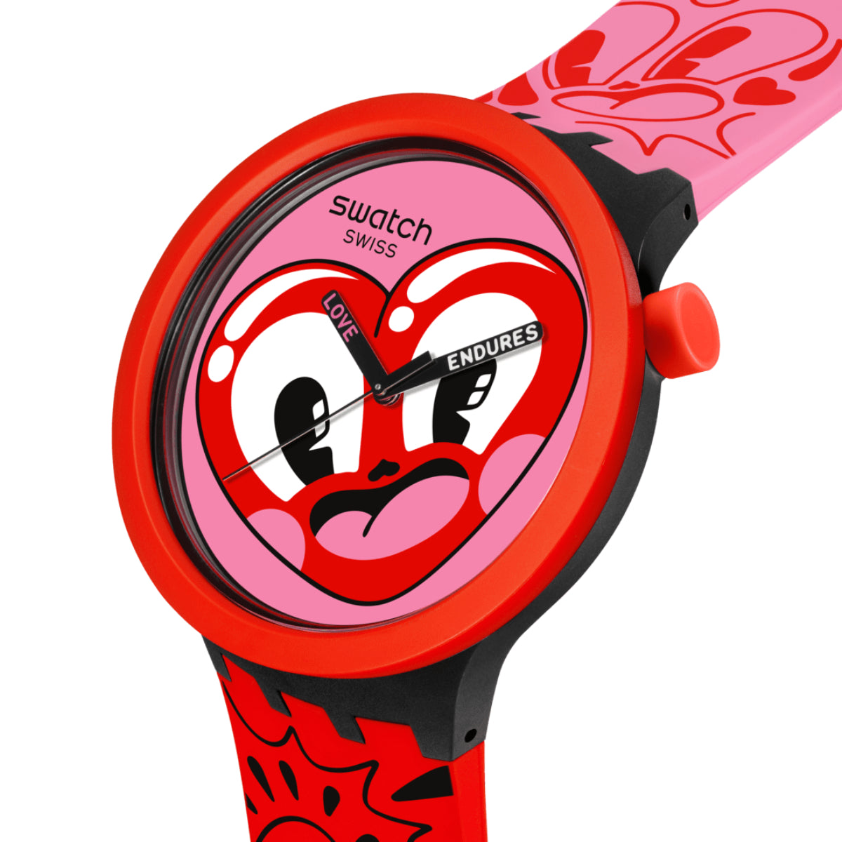 Angled view heart-dial quartz watch with pink face and red silicone strap