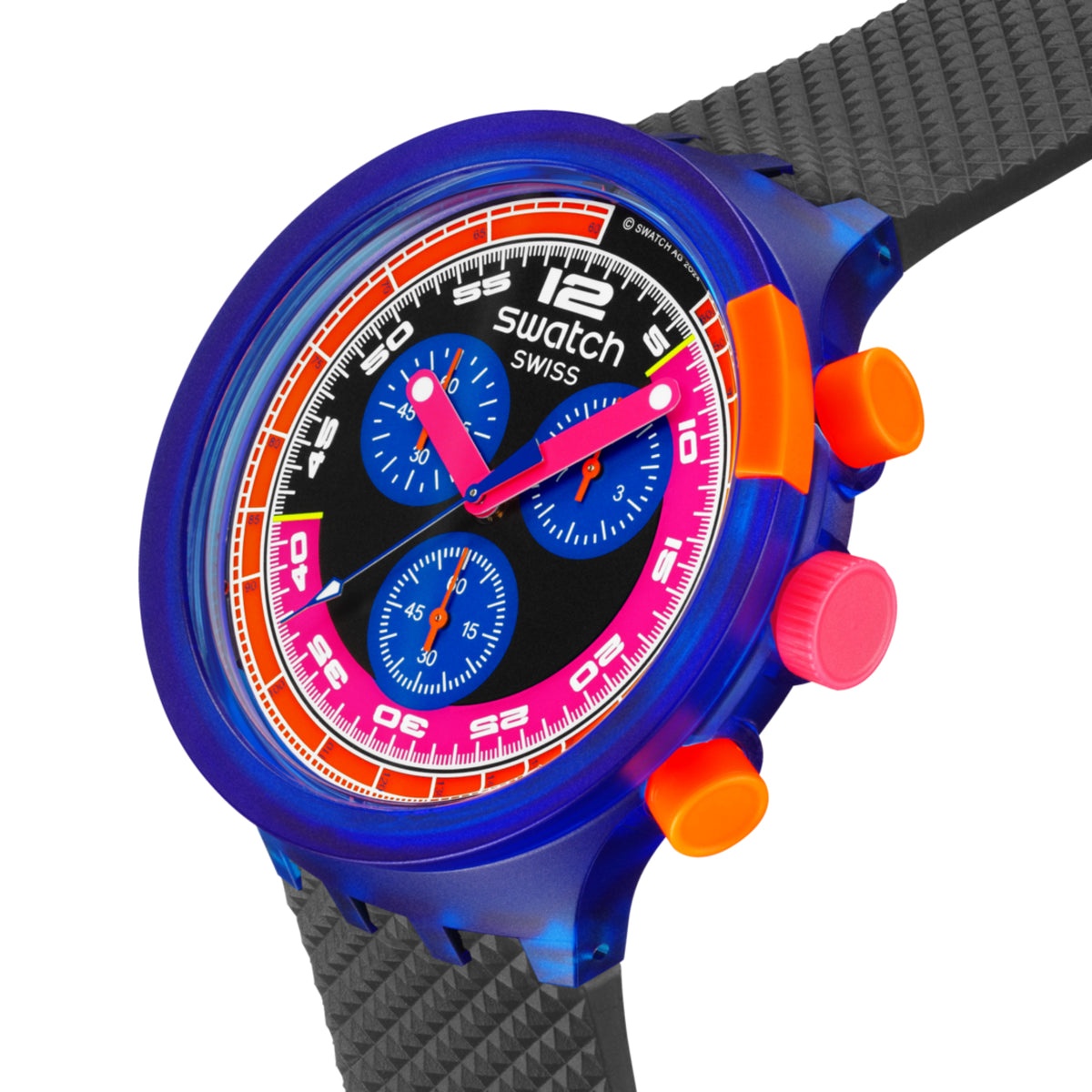 Men's blue sport chronograph watch with black strap and neon blue, pink, orange dial