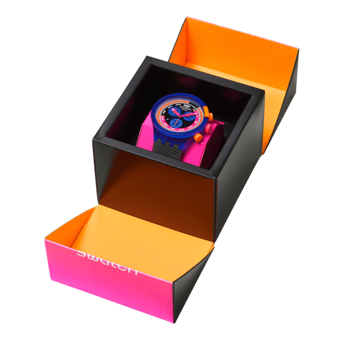 Neon chronograph watch displayed in an open gift box with orange and pink interior