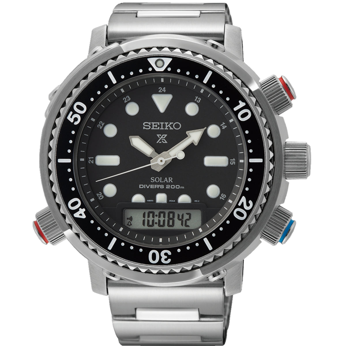 Stainless steel divers watch with black dial, bezel minute scale, and linked bracelet