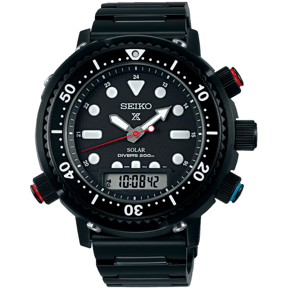 Black solar diver watch with black dial, rotating bezel, and black steel bracelet