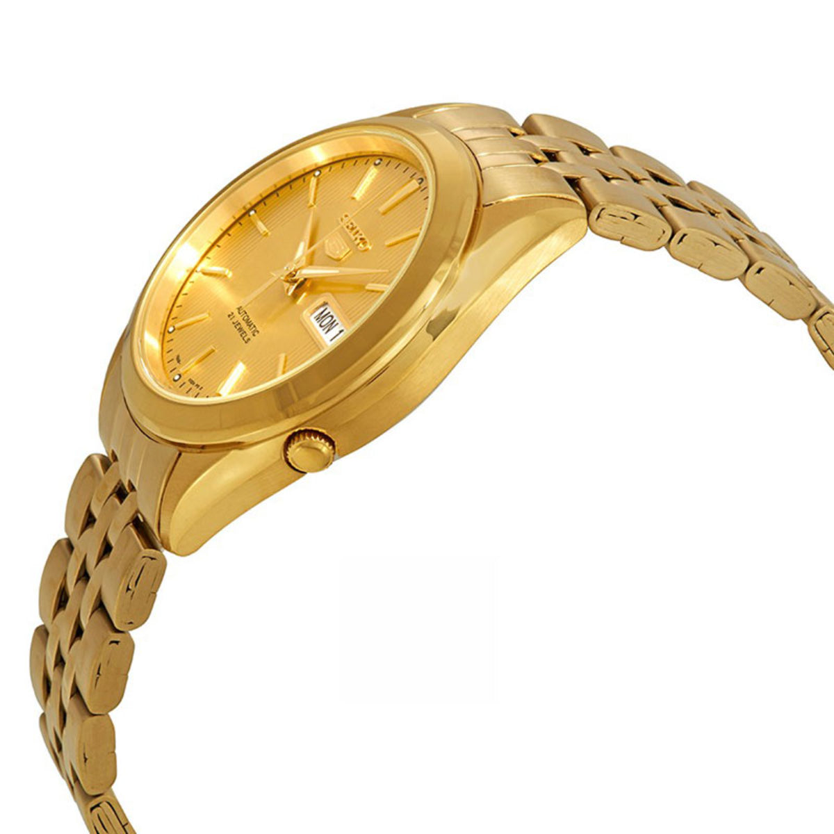 Gold-tone Seiko watch case with crown and linked bracelet; side view on white background.