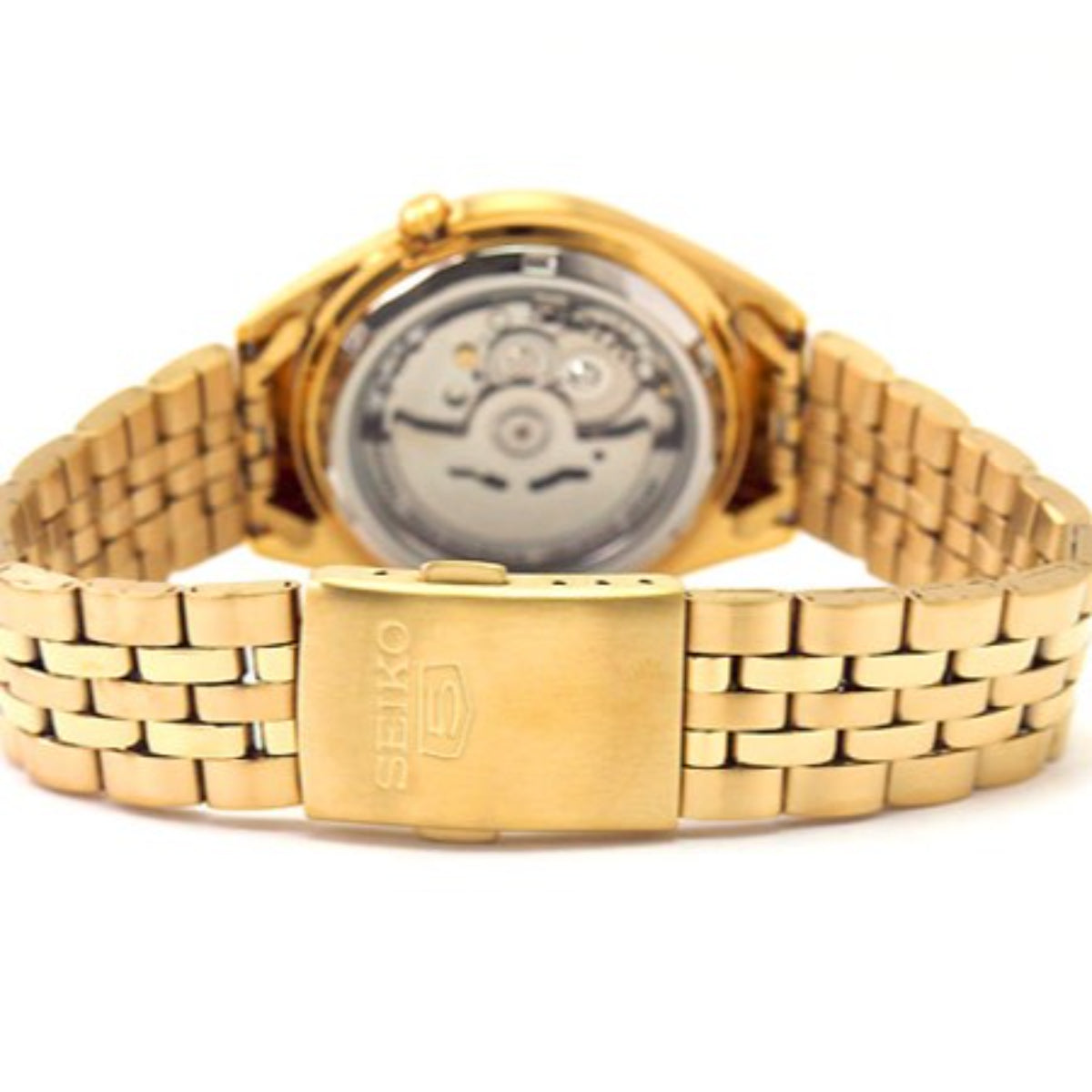 Seiko watch caseback with see-through window and gold-tone stainless steel bracelet links.