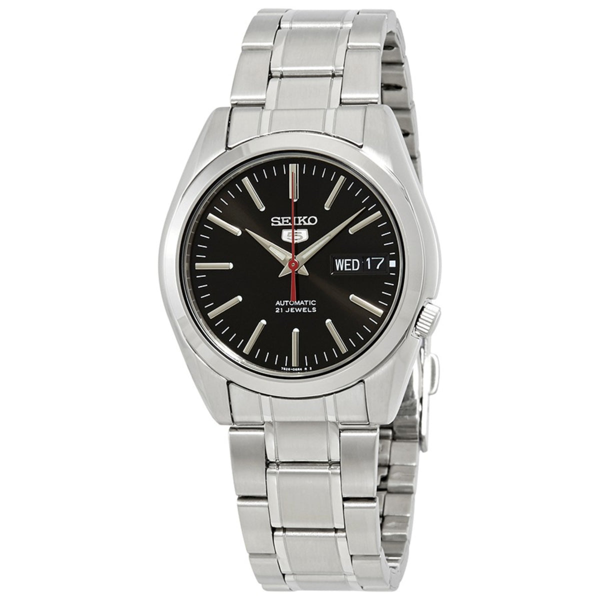Seiko 5 automatic black dial and steel bracelet men's watch SNKL45K1 front view