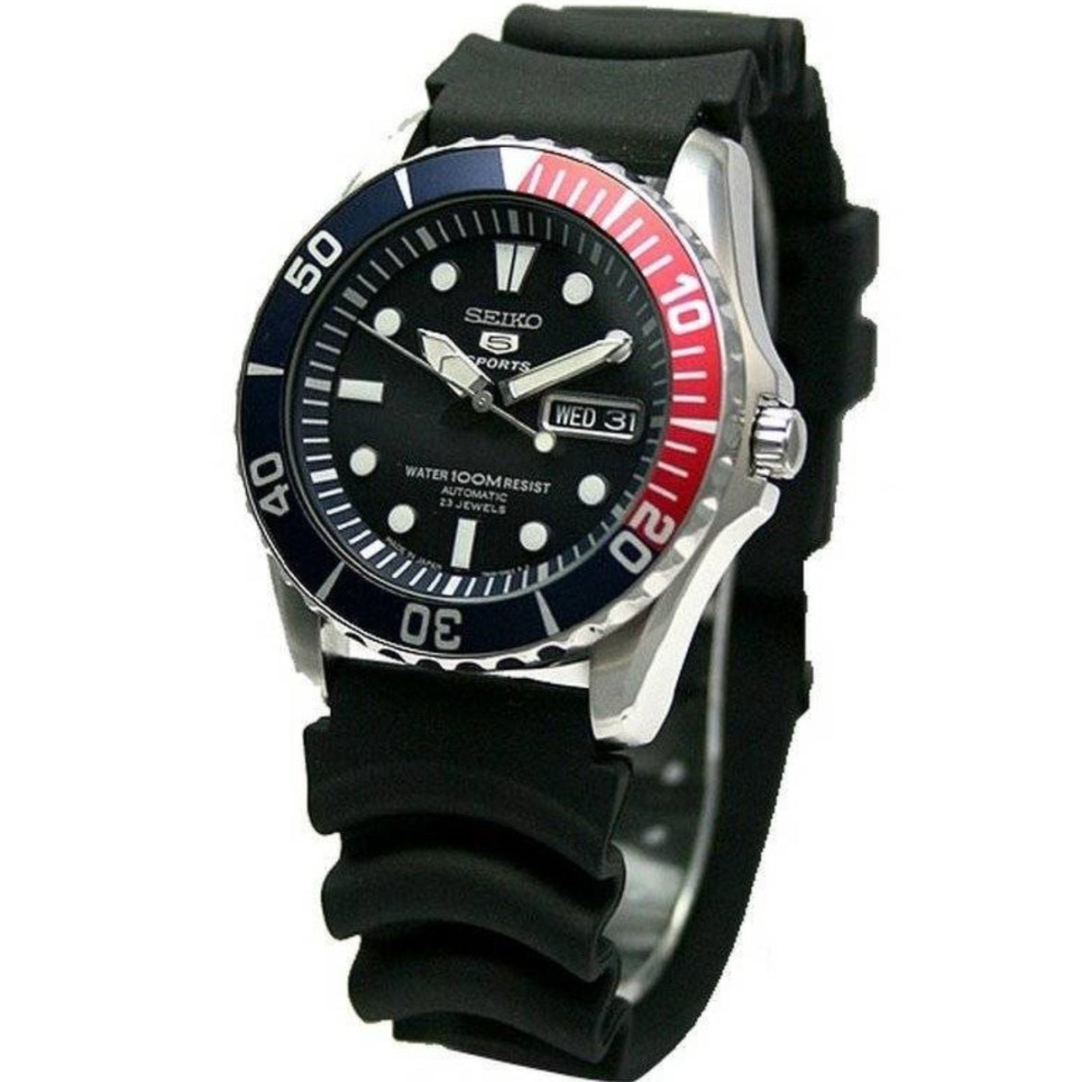 Men's Seiko watch with blue dial, red/blue bezel, black rubber strap, Wed date window