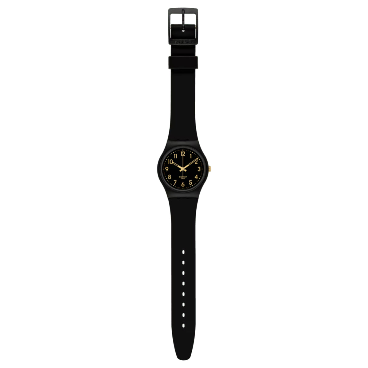 Swatch black wrist watch with black dial and long black silicone strap