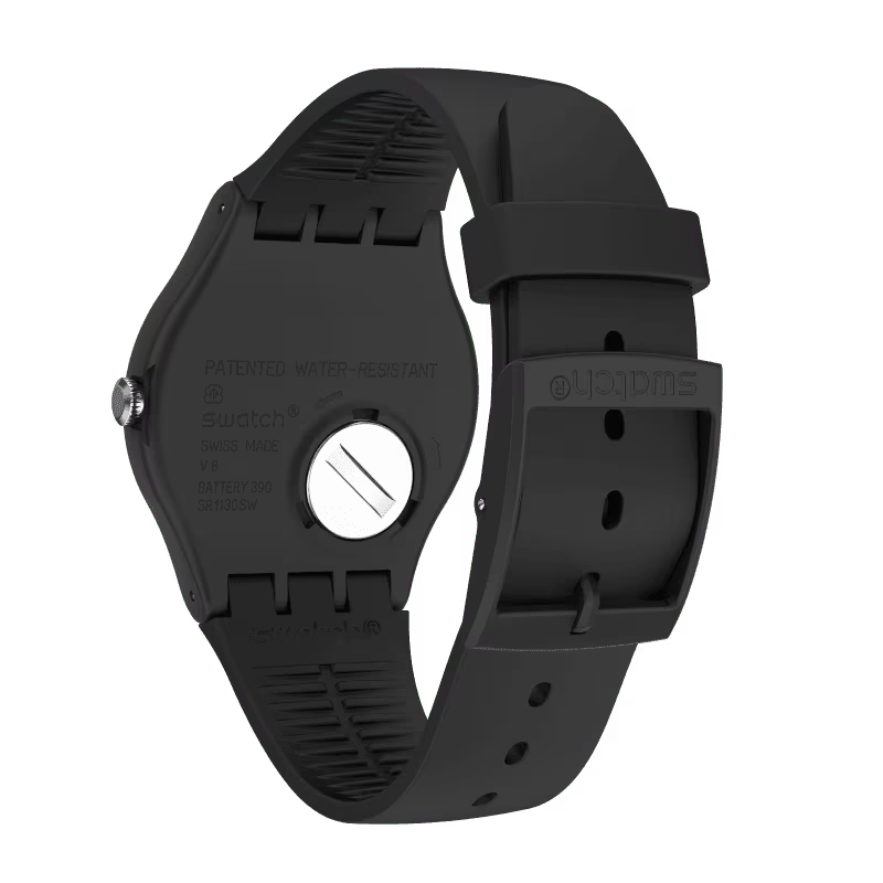 Back view of black quartz wristwatch with molded strap and water-resistant text on case