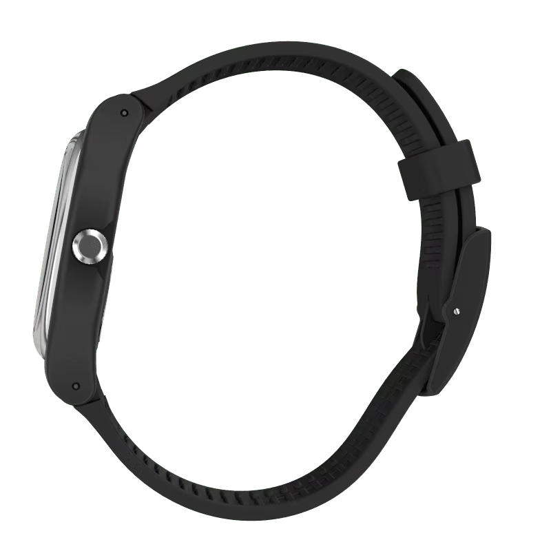 Black silicone strap wristwatch side view with silver-toned case ring and strap holes