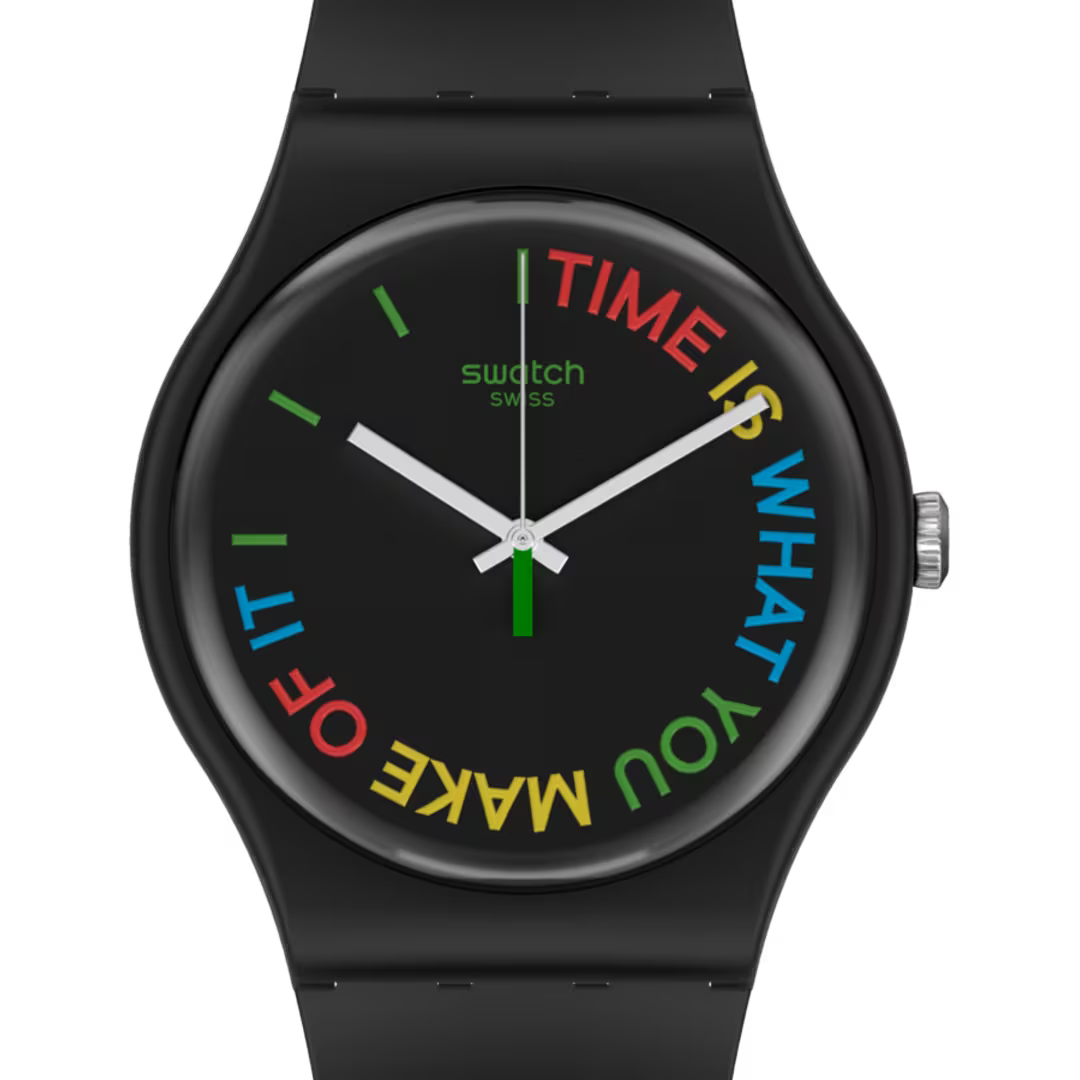 Black quartz wristwatch with black dial, colorful text, and green/blue hour markers