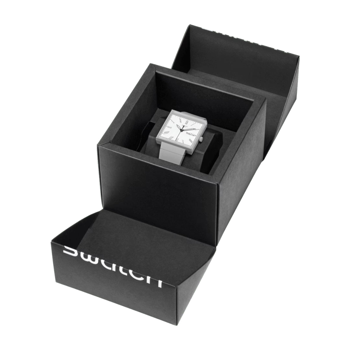 Open black watch box showing square white-dial watch inside