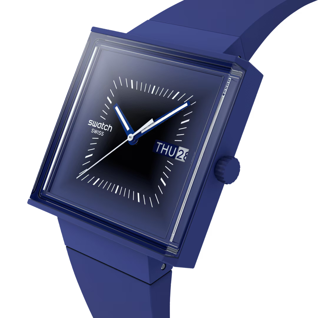 Dark blue square watch angled view, analog dial with white markers and THU 28