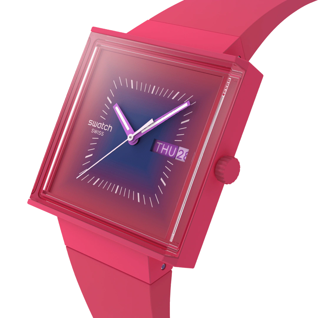 Square berry pink dial watch with pink silicone strap, angled view