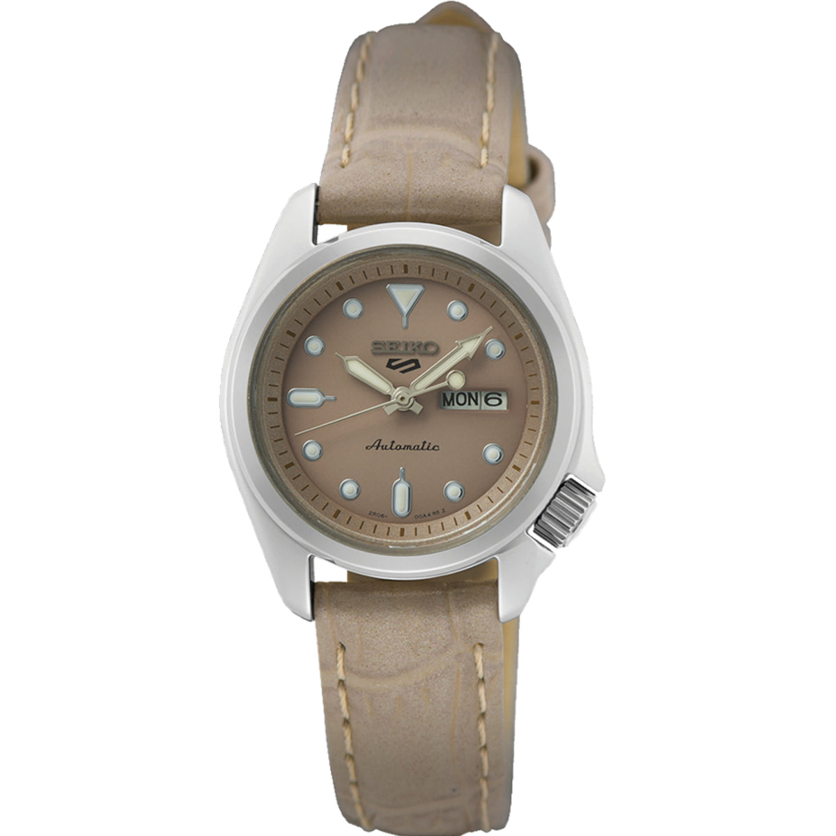 Seiko 5 Sports ladies watch with brown dial and tan leather strap, stainless case