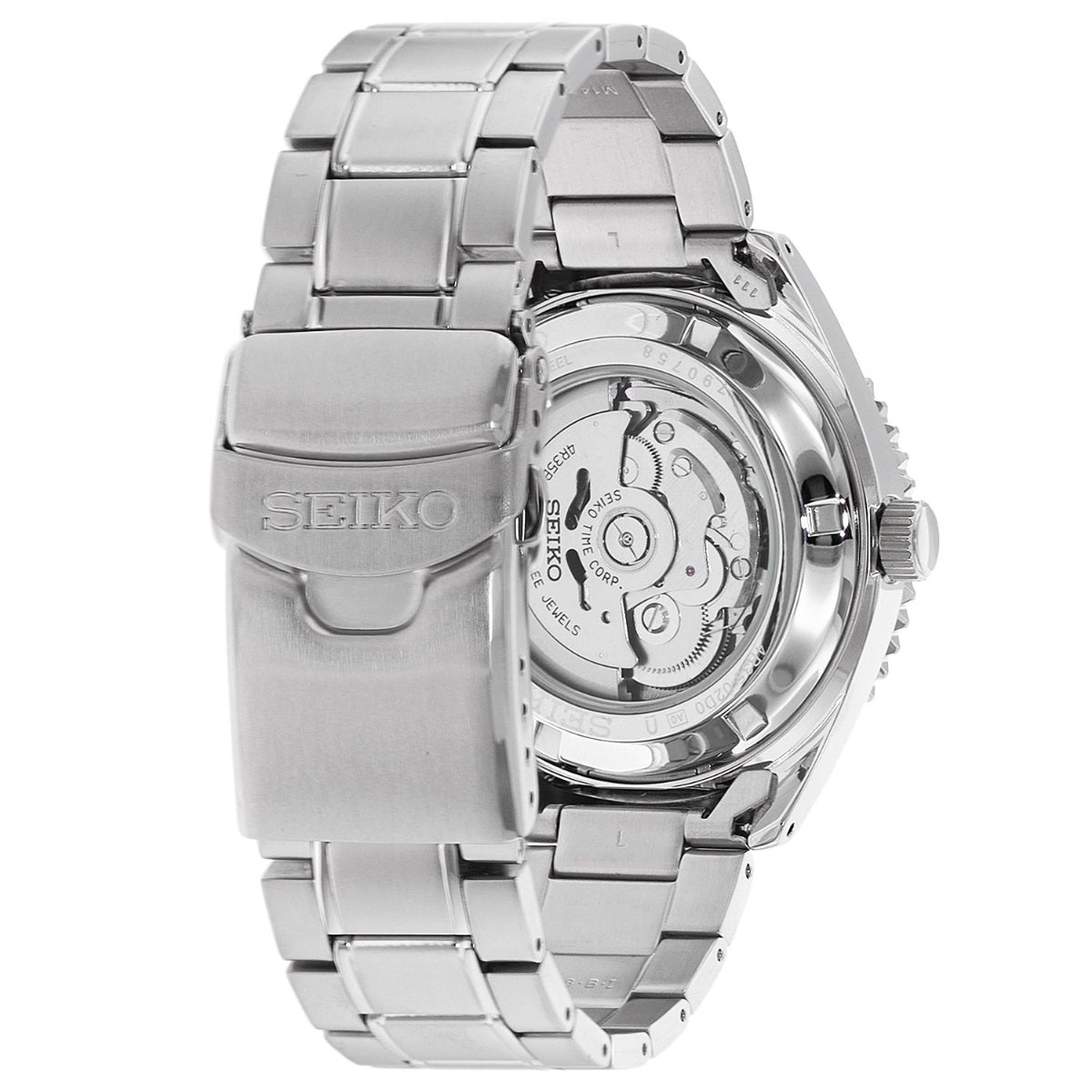 Seiko Sports SRPB91K1 stainless steel bracelet clasp and see-through case back detail