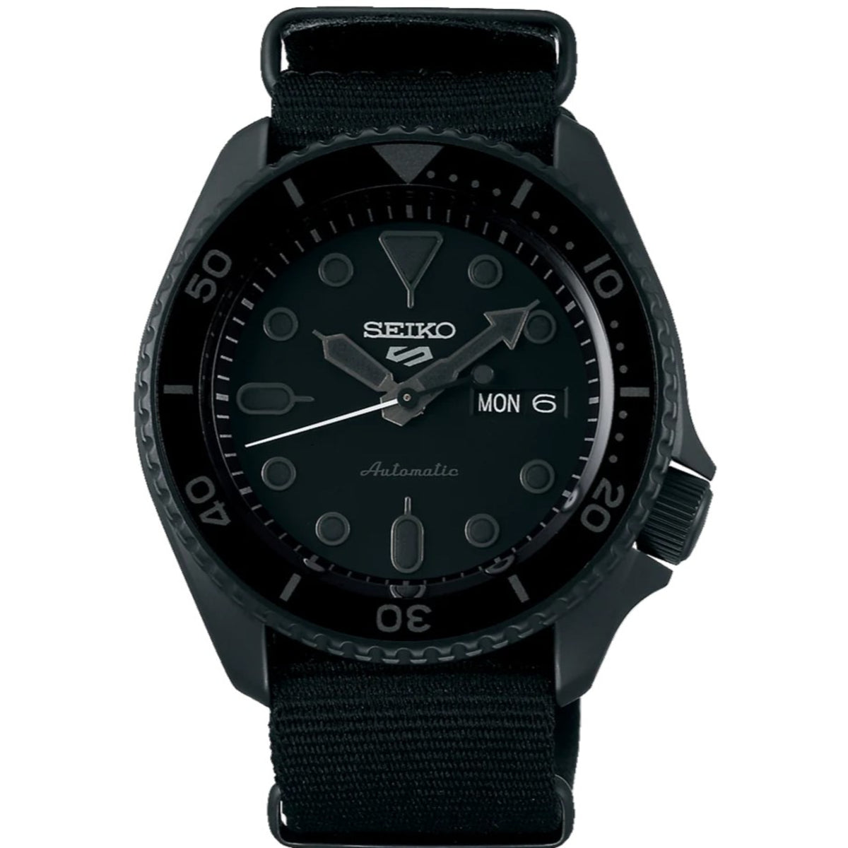 Front view of Seiko 5 Sports SRPD79K1 watch featuring a black case, matching dial, and a black nylon strap