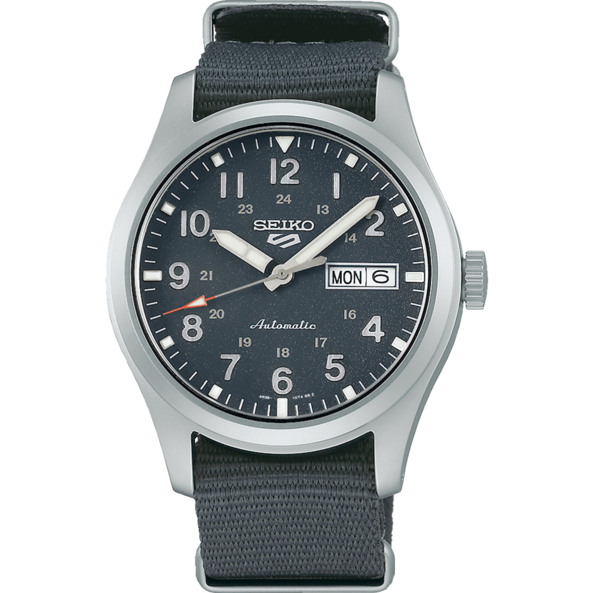 Men's field watch with grey dial, day/date window, automatic hands, grey NATO strap