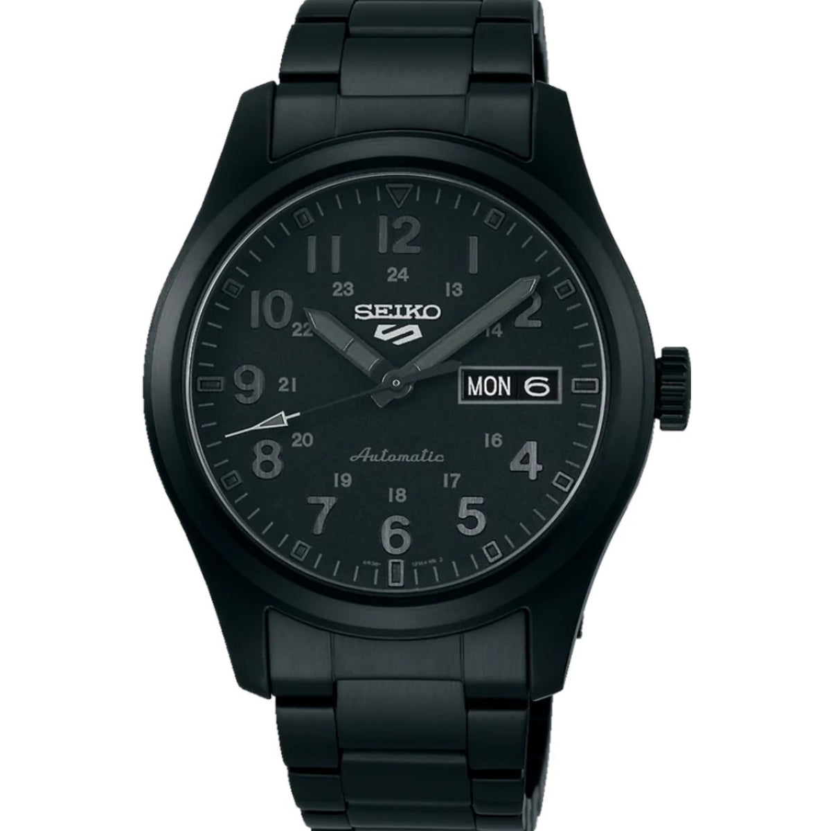 Men's black PVD automatic field watch, metal bracelet, black dial, MON 6