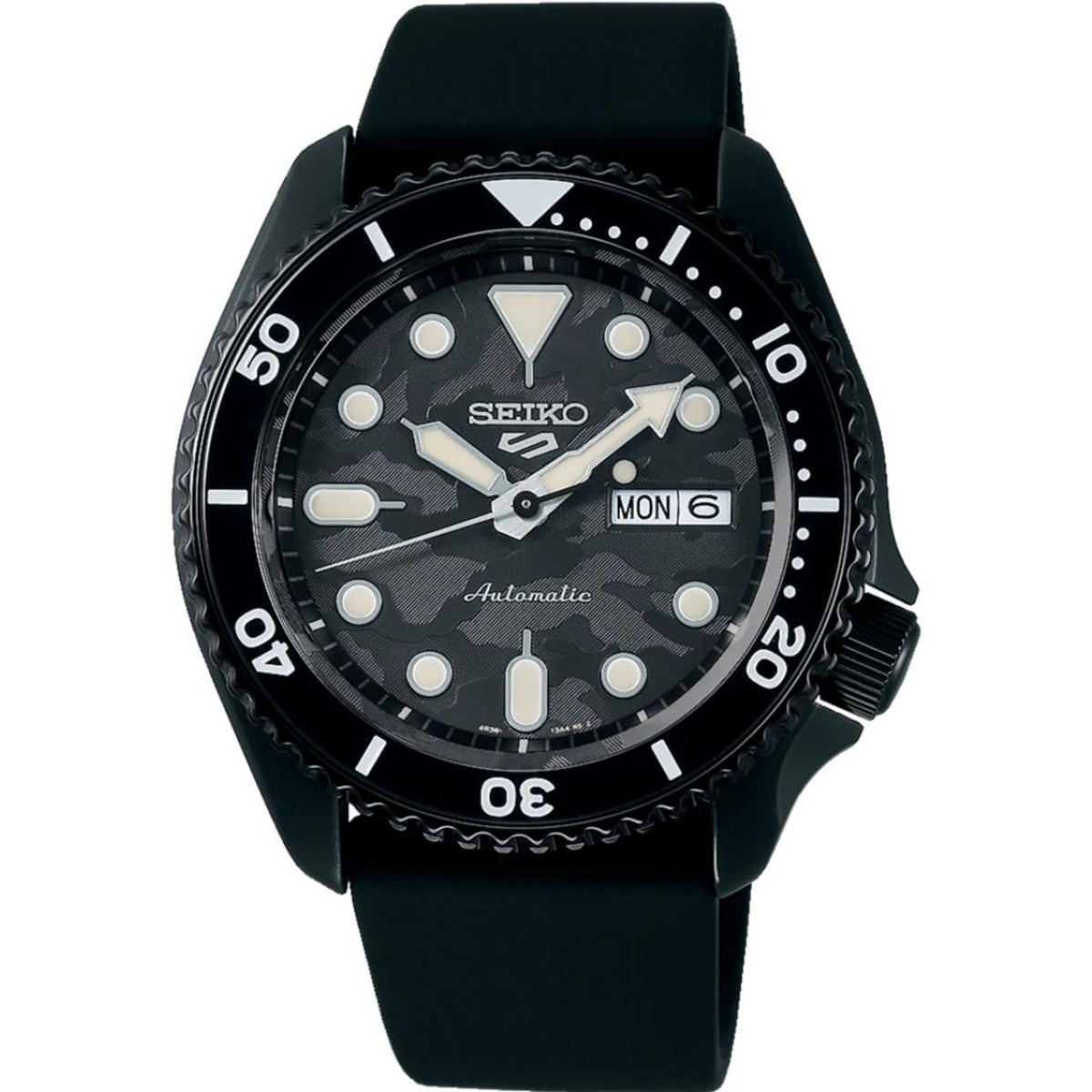 Men's Seiko diver watch with black dial, black silicone strap, rotating bezel