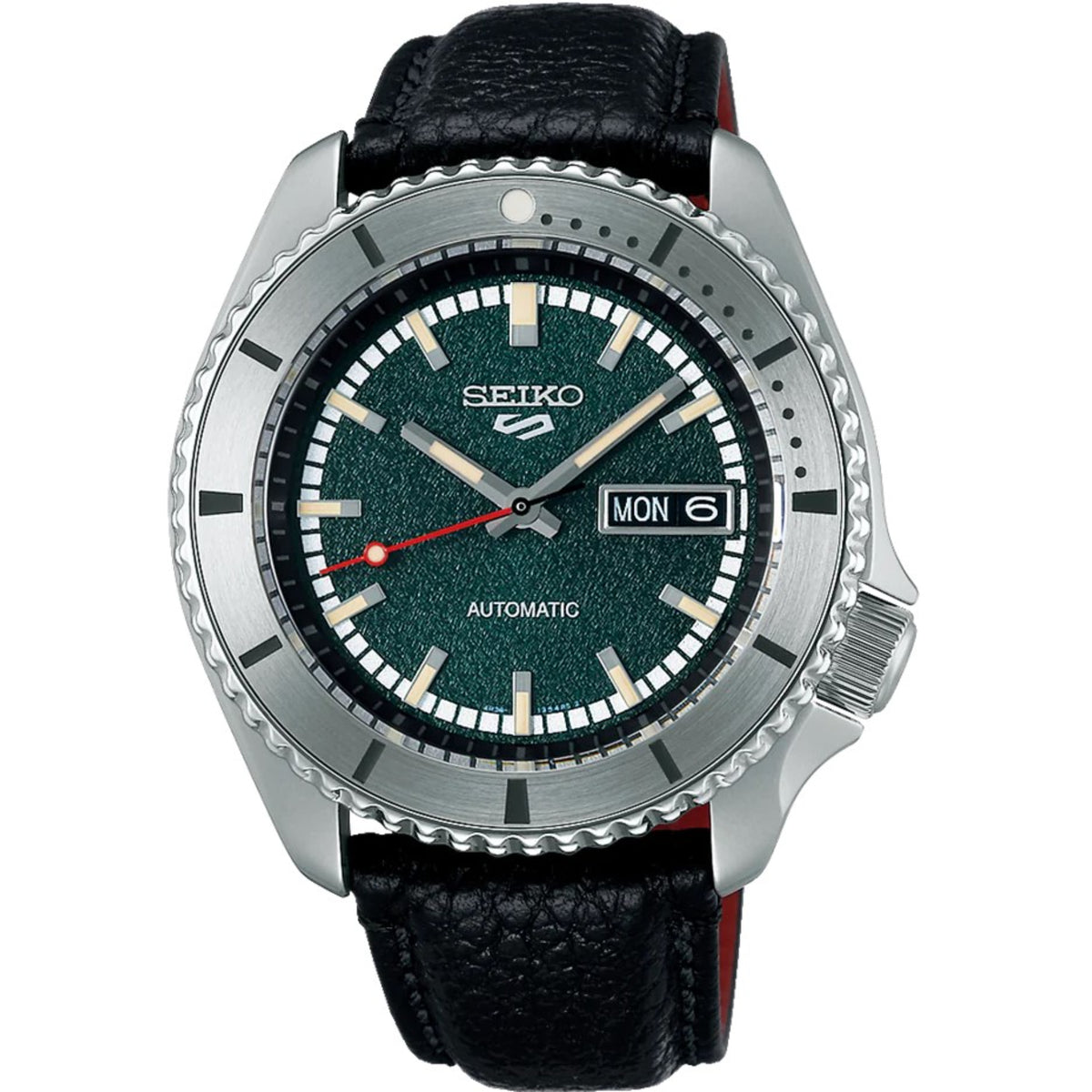 Front view of the Seiko 5 Sports x Masked Rider 43mm Mens Watch SRPJ91K1 featuring its dial and black leather strap