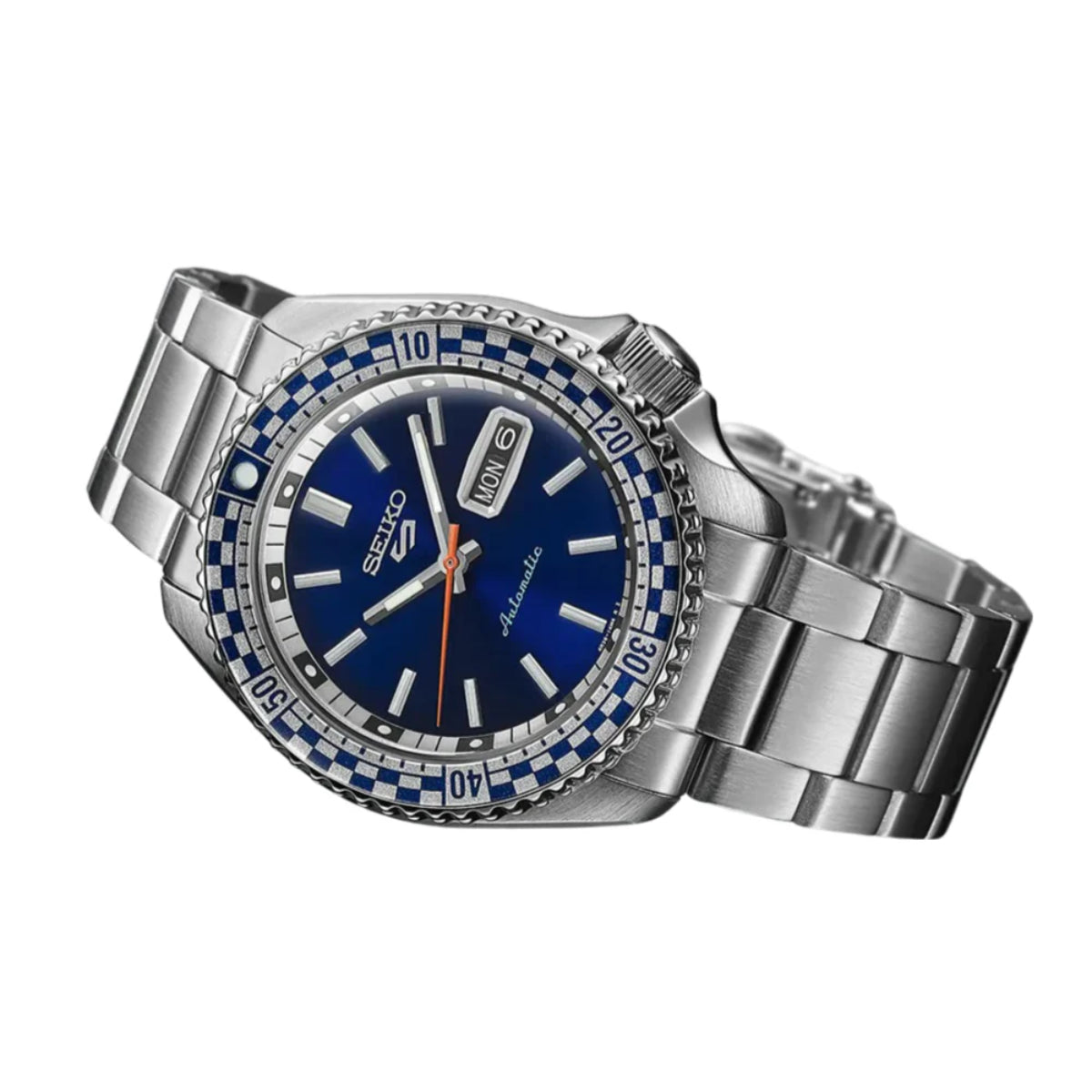 Seiko 5 Sports SRPK65K1 steel strap automatic watch angled profile view