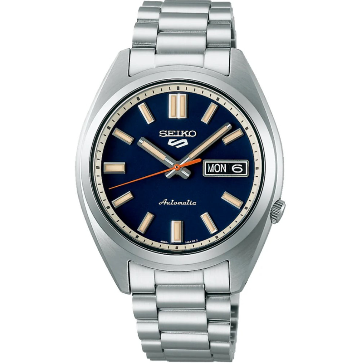 Seiko 5 Sports SNXS SRPK87K1 watch with a blue dial and stainless steel bracelet on a white background