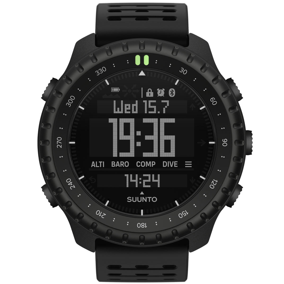 Black digital outdoor watch front view, rugged bezel and silicone strap with multi-value display