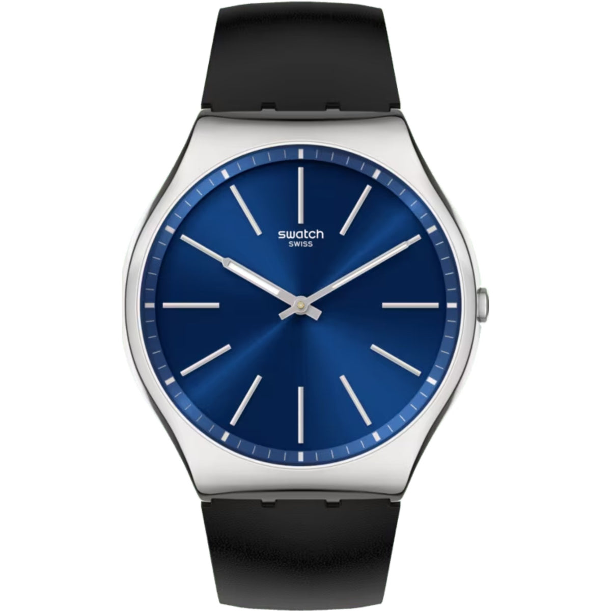 Quartz wristwatch with blue dial, silver case, and black rubber strap.