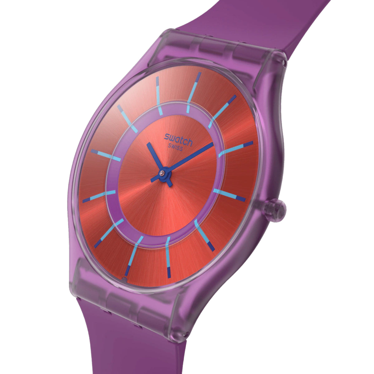 Purple silicone strap watch close-up with orange-red dial, blue index lines, crown knob