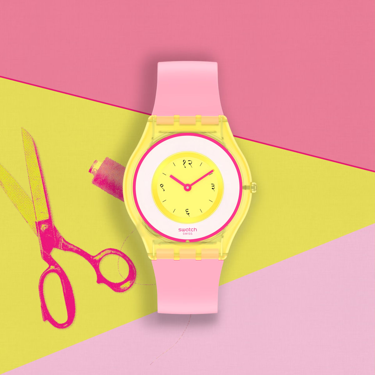 Ladies quartz watch with pink silicone strap and yellow dial with pink accents, front view