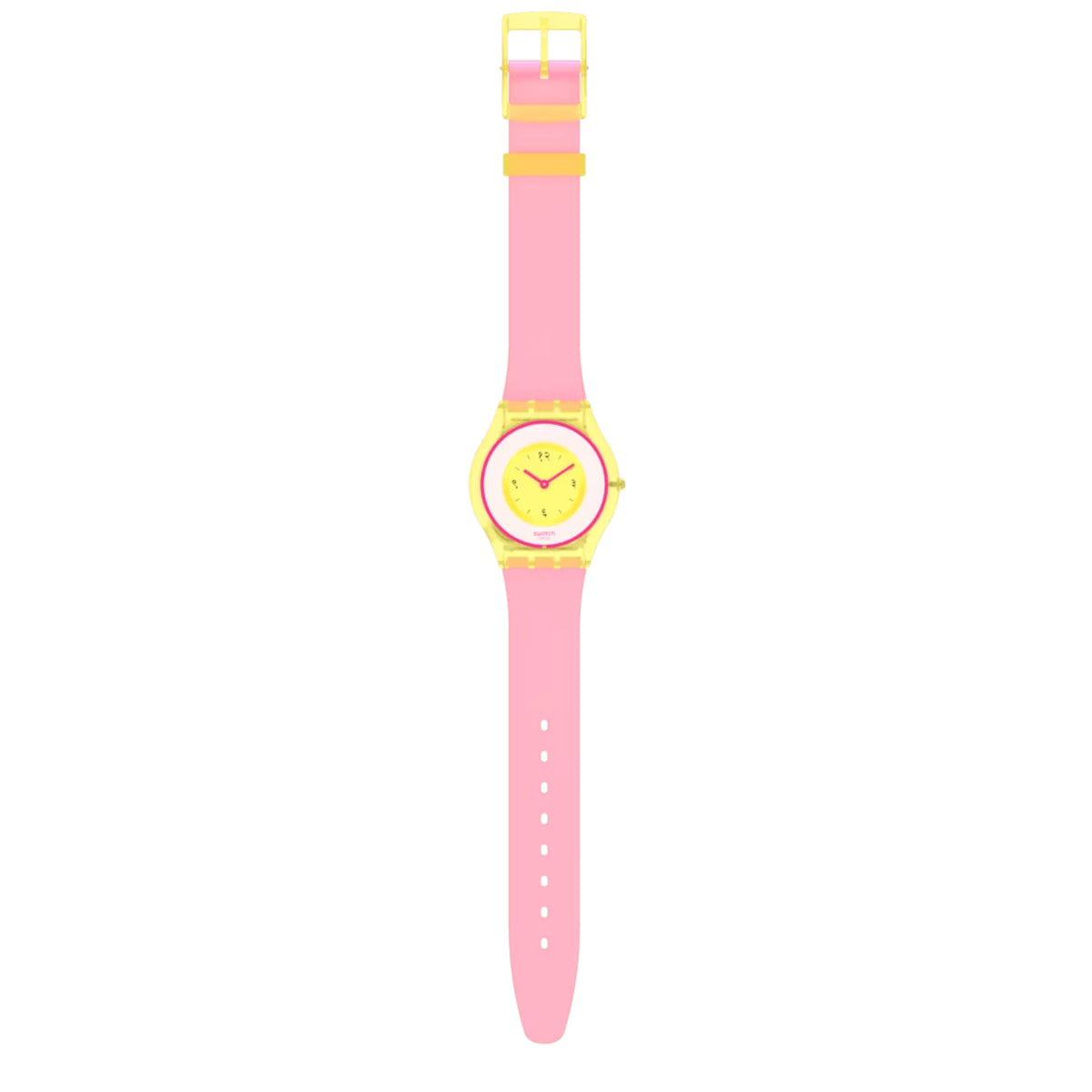 Ladies quartz watch with pink silicone strap and yellow dial, upright view