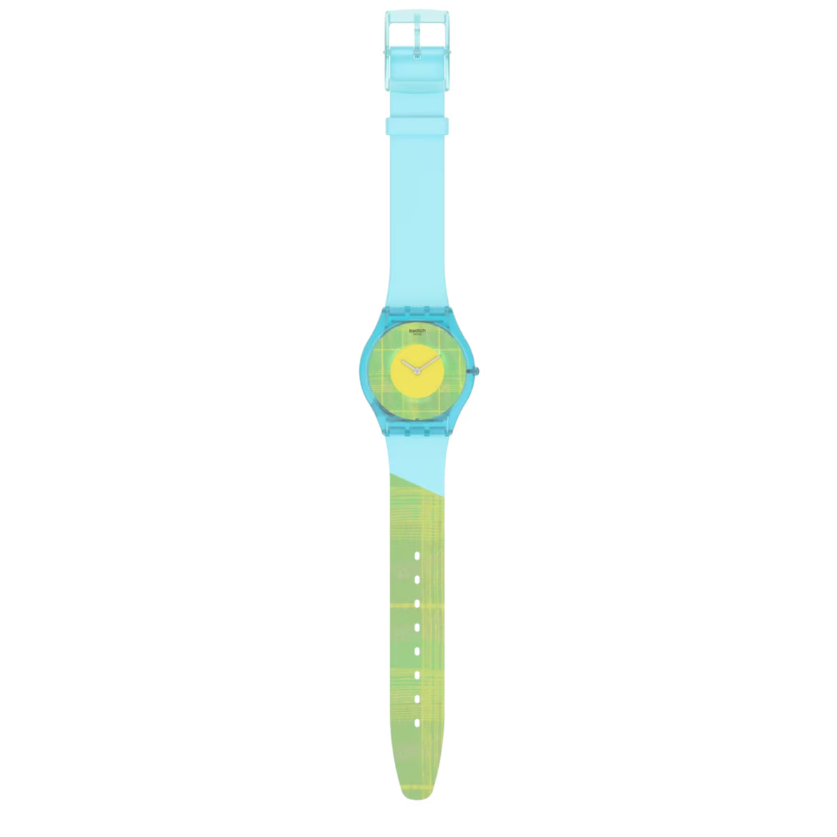 Swatch silicone strap watch hanging view, light-blue strap with lime-yellow dial