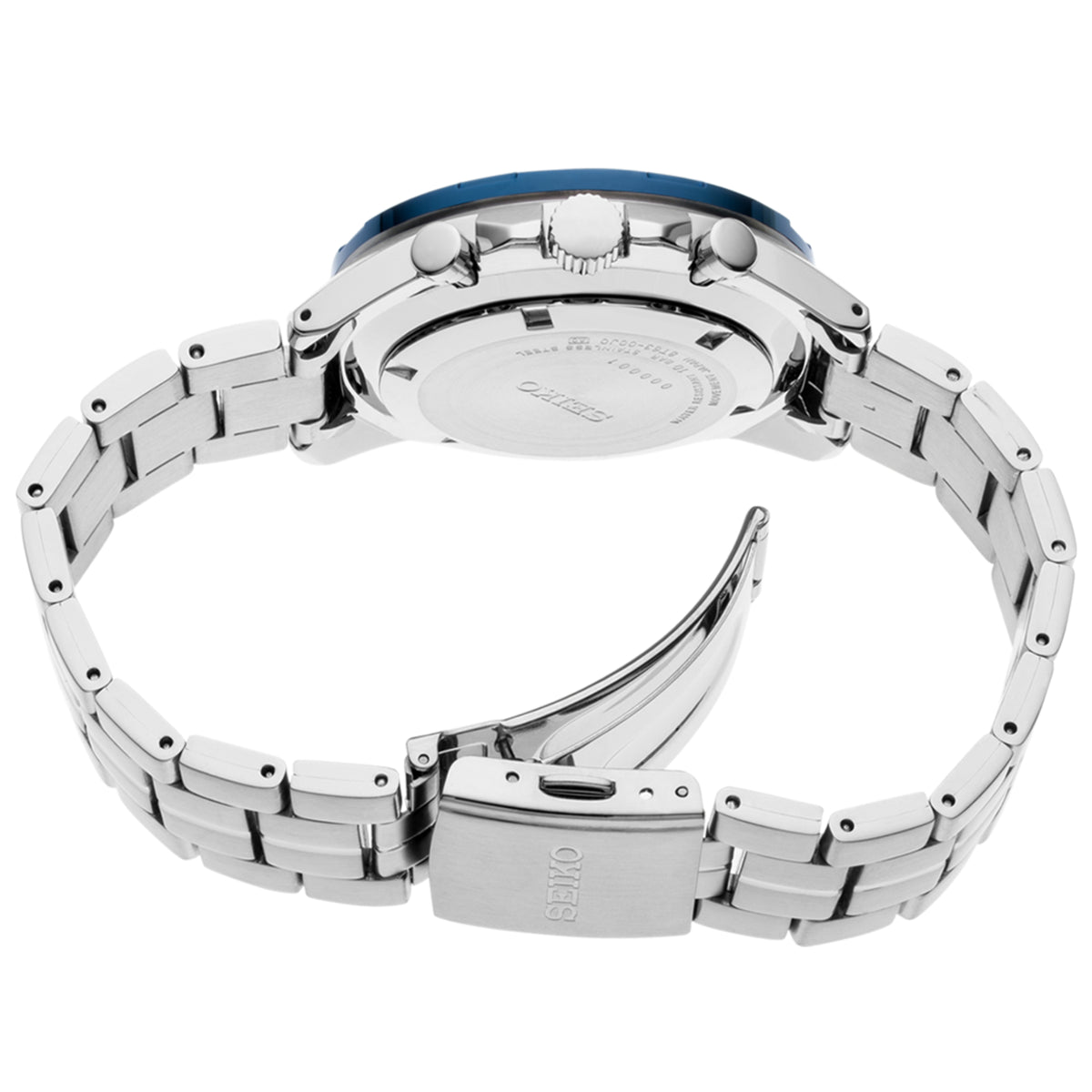 Rear view of Seiko SSB345P1 chronograph showing caseback and stainless steel bracelet