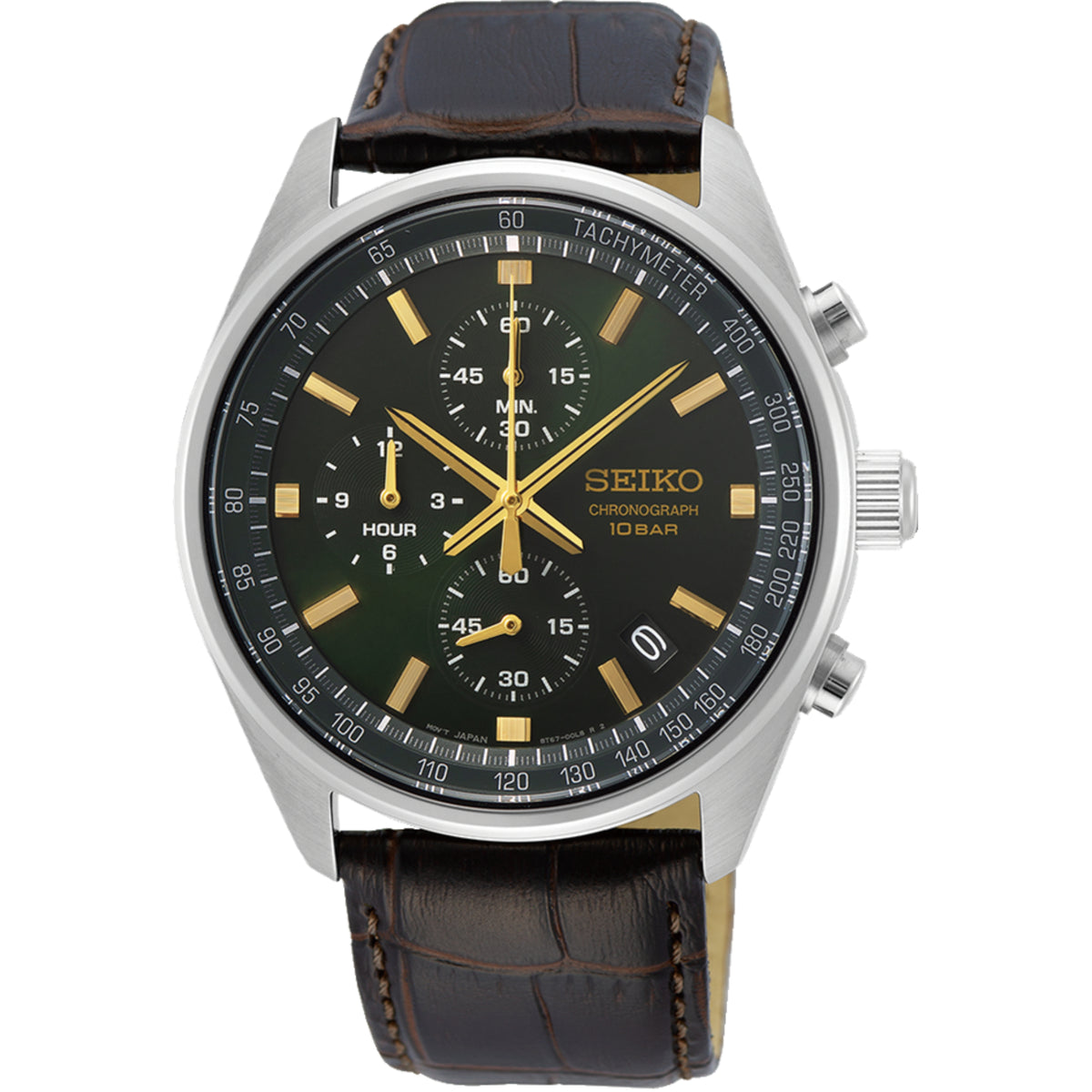 Seiko Essentials SSB385P1 Chronograph with green dial, stainless steel case and brown leather strap