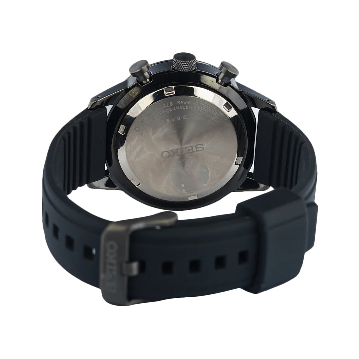 Rear view of Seiko Essentials SSB393P1 mens watch showing solid case back and black strap buckle