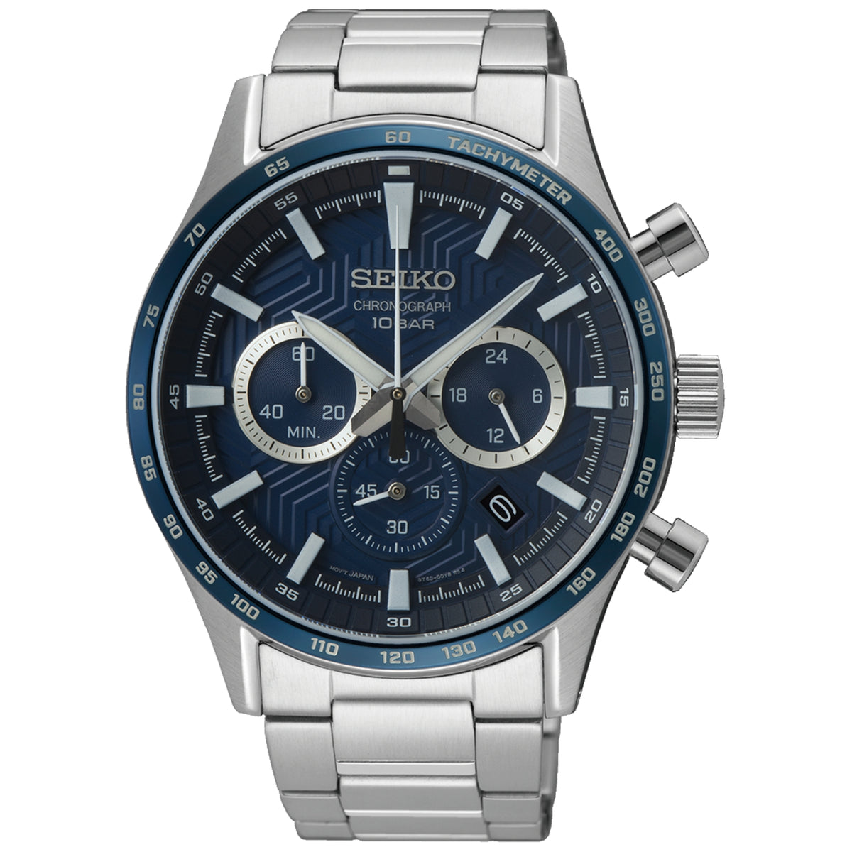 Seiko Essentials SSB445P1 43mm Chronograph Blue Dial with stainless steel bracelet front view