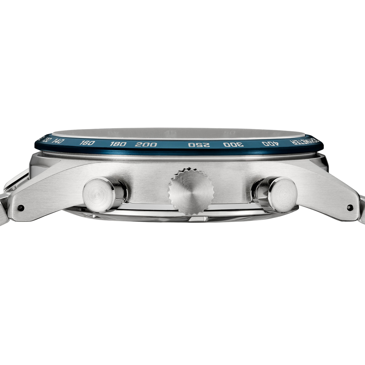 Side view of Seiko SSB445P1 chronograph watch showing case thickness and its push button