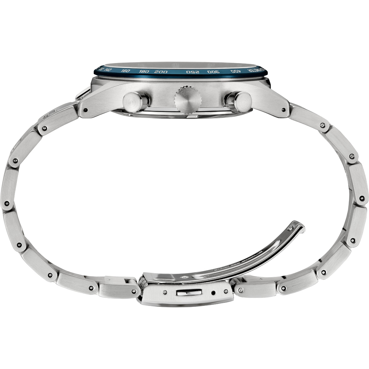 Side view of Seiko SSB445P1 chronograph watch showing case thickness and stainless steel bracelet