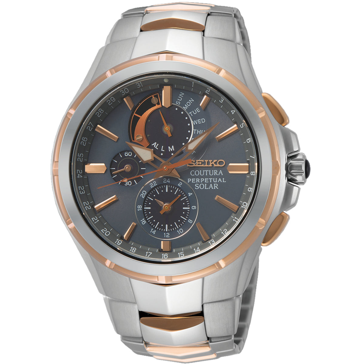 Two-tone stainless steel men's solar quartz watch, dark dial with subdials