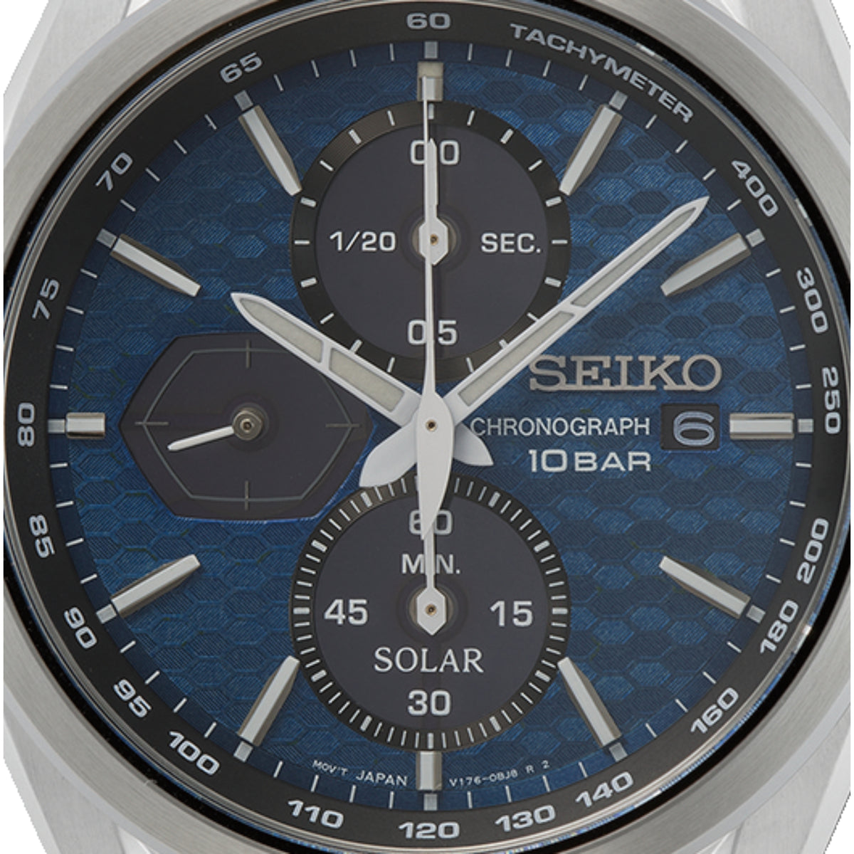 Seiko Essentials solar powered chronograph stainless steel watch close-up
