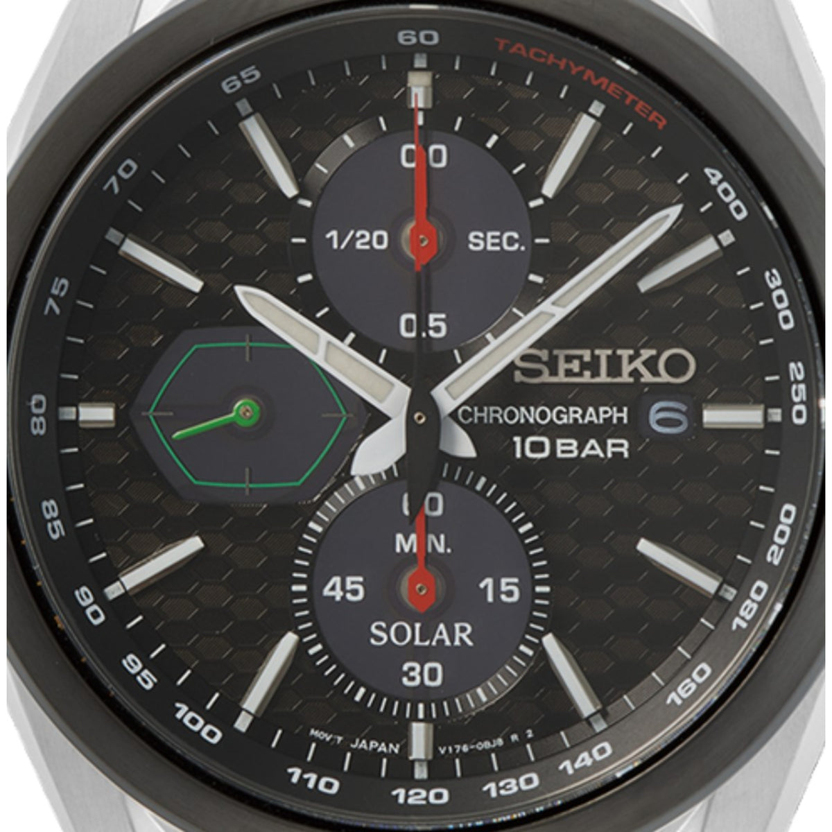 Seiko chronograph dial close-up, black dial showing SOLAR and 10 BAR