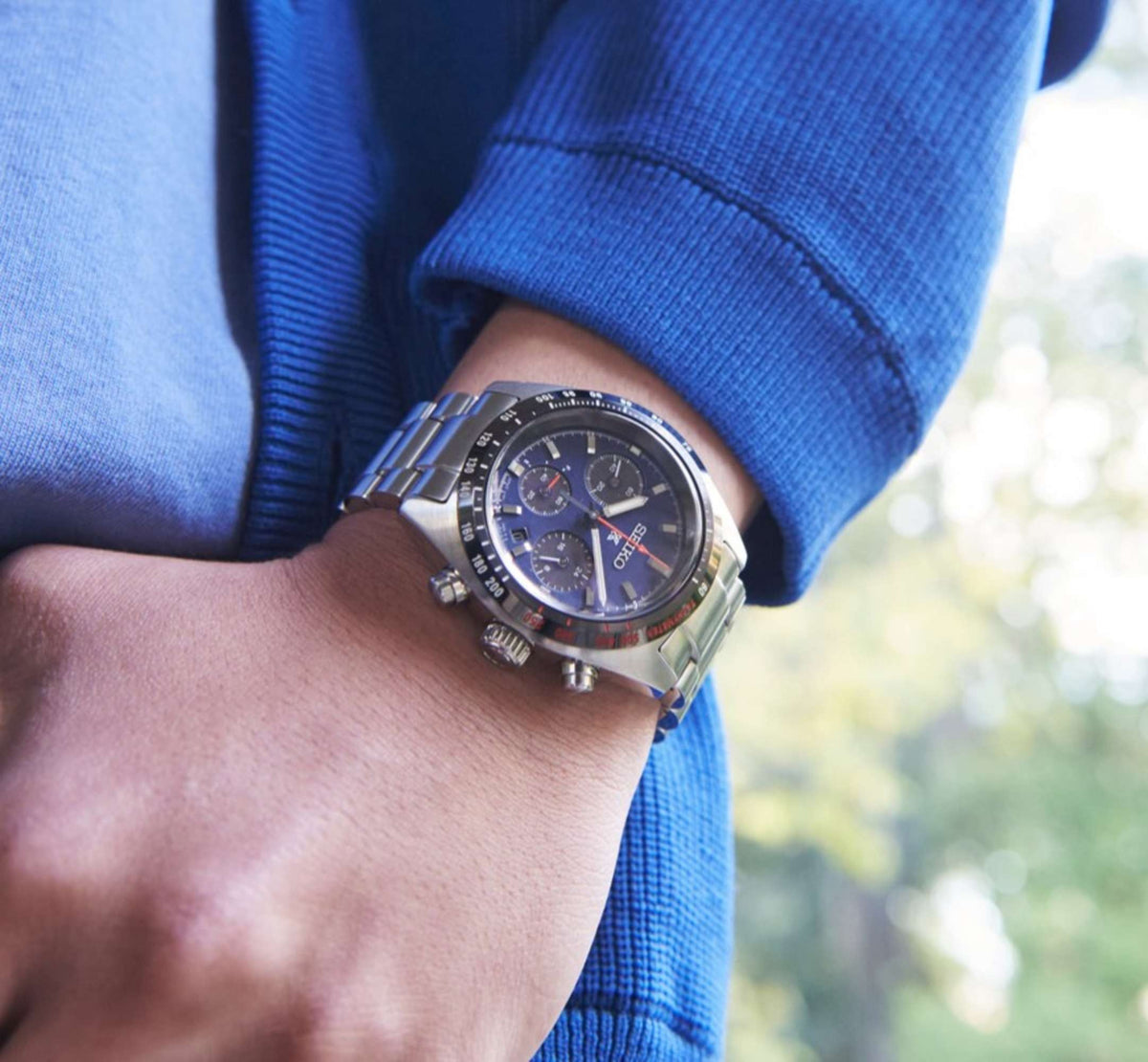 Seiko Prospex Speedtimer chronograph watch on wrist with blue sweater sleeve