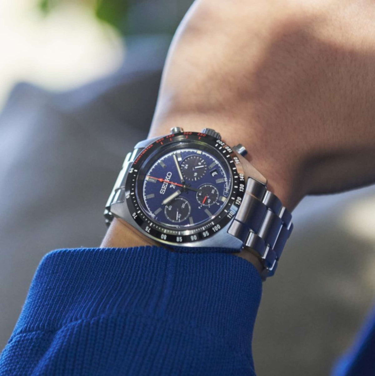 Seiko Prospex Speedtimer solar chronograph on wrist, blue dial, steel bracelet